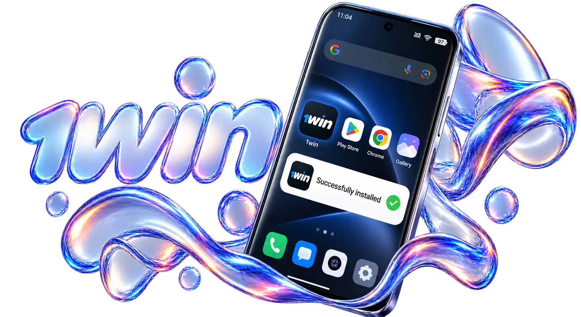 Complete 1win APK installation on Android home screen.