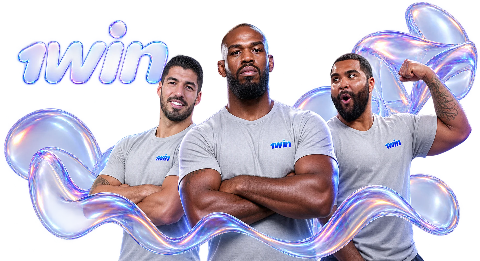 Official 1win brand ambassadors Luis Suarez Jon Jones and Gable Steveson.