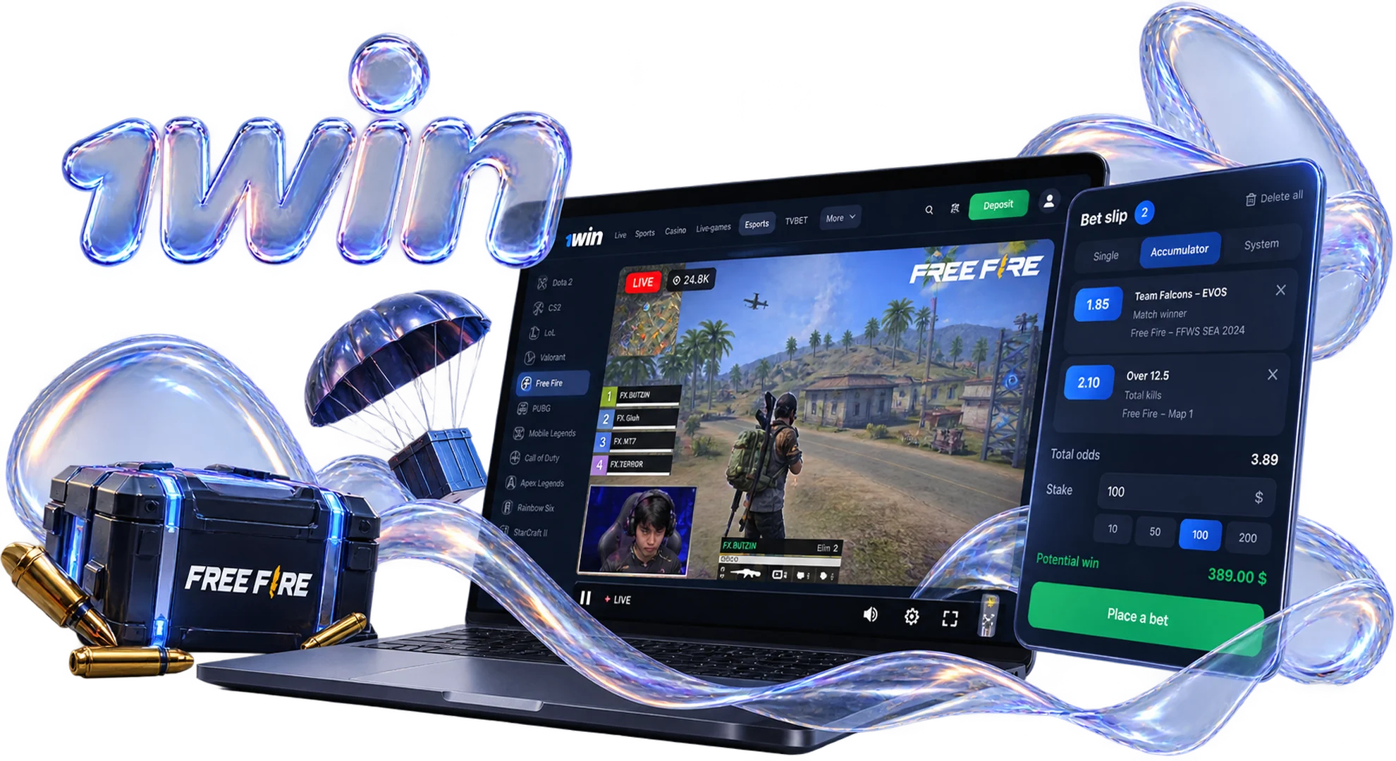 Free Fire World Series live esports betting options and team odds.