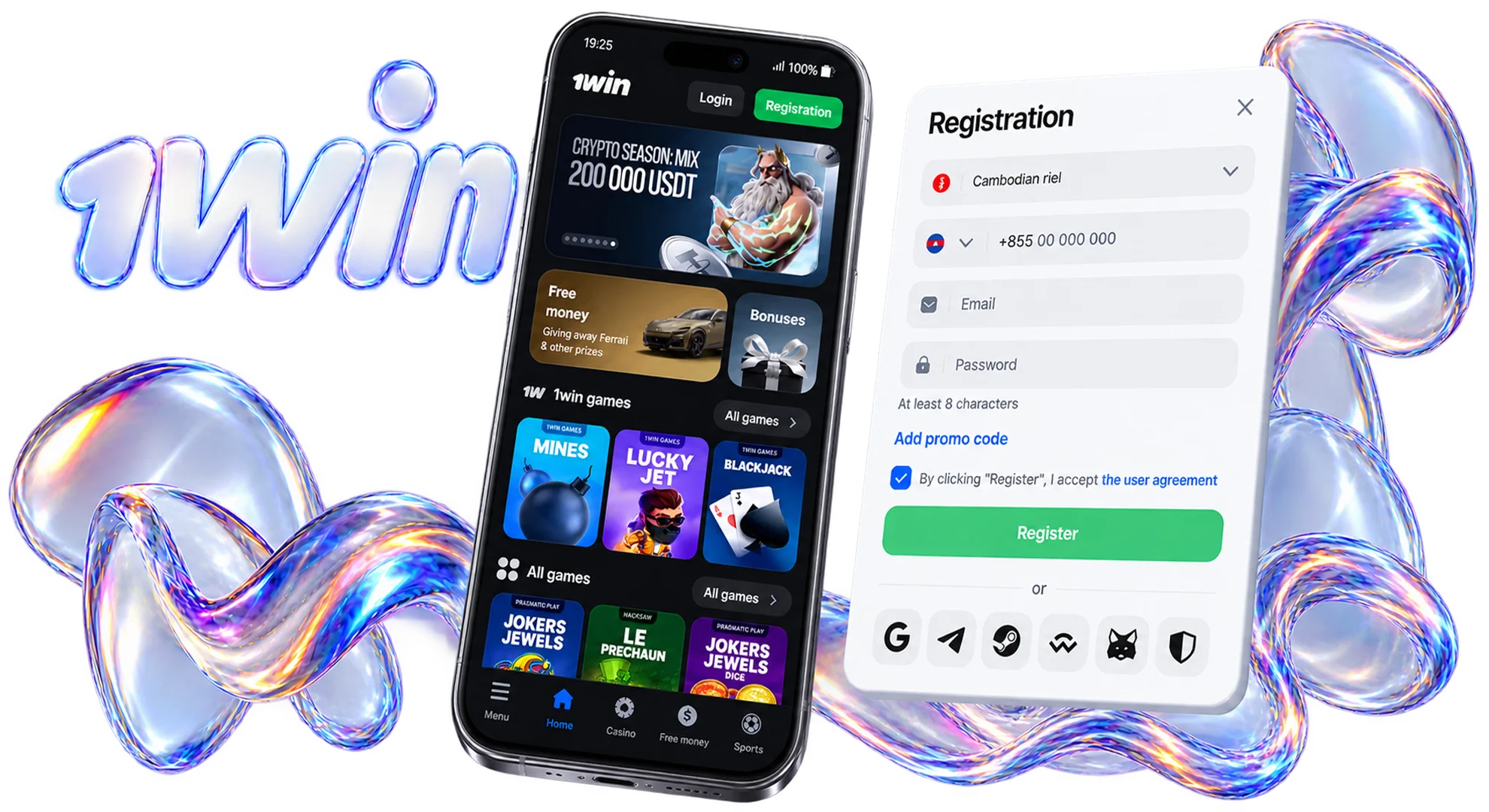 Register account via 1win mobile application for Android and iOS.